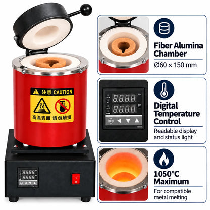 Cylinder electric melting furnace features: fiber alumina chamber Ø60 x 150 mm (2.36 x 5.91 in), digital temperature control with readable display and 1150°C (2102°F) maximum