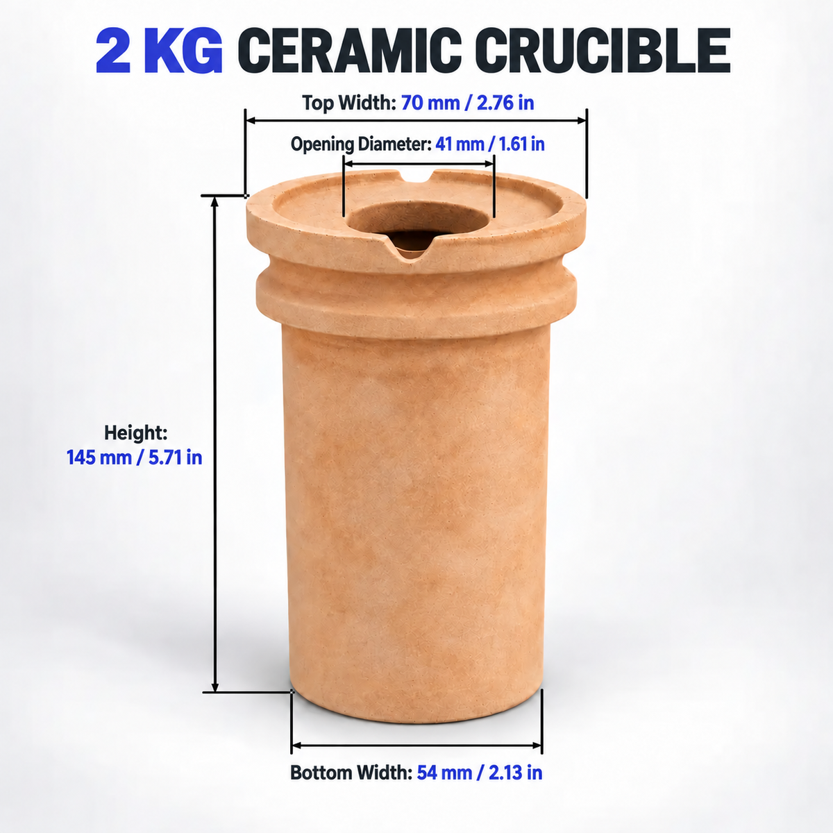 PHYHOO 2 kg ceramic crucible dimensions - top width 70 mm, opening diameter 41 mm, height 145 mm, bottom width 54 mm, clay crucible for gold silver casting