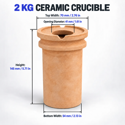 PHYHOO 2 kg ceramic crucible dimensions - top width 70 mm, opening diameter 41 mm, height 145 mm, bottom width 54 mm, clay crucible for gold silver casting