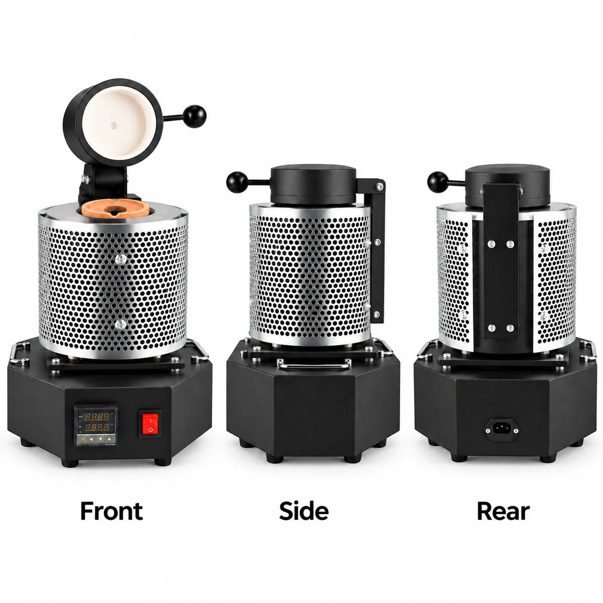 Black electric melting furnace front, side and rear views showing digital temperature controller and power socket