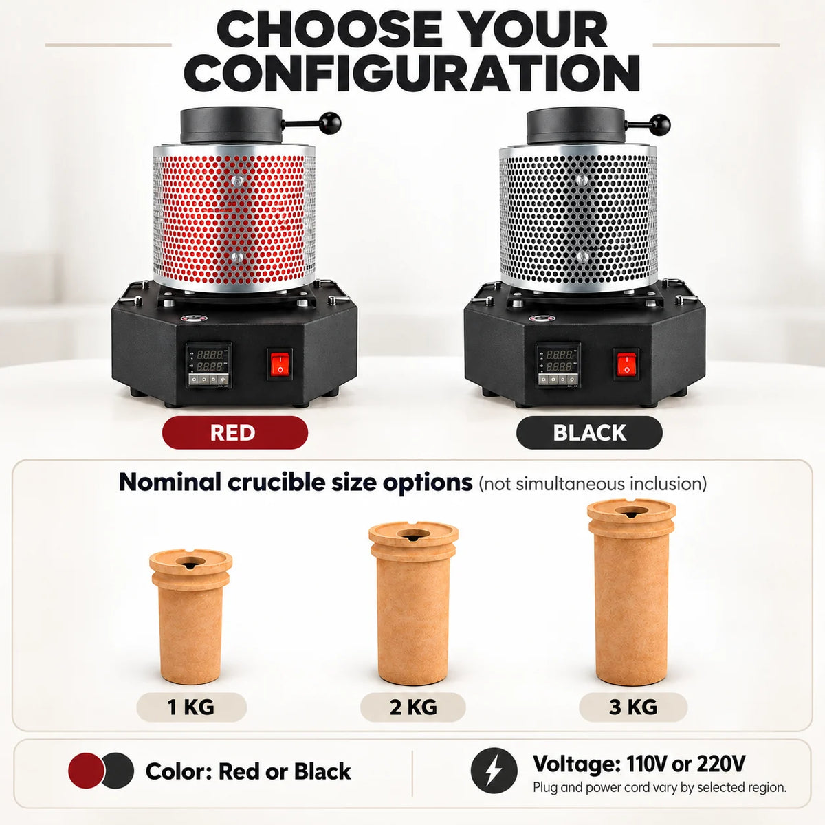 Electric melting furnace in red or black with 1 kg, 2 kg and 3 kg crucible options, 110V or 220V