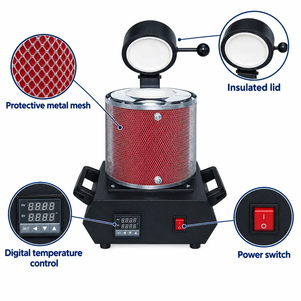 PHYHOO electric melting furnace with close-up views of the protective metal mesh, open lid, digital temperature control and power switch