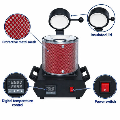 PHYHOO electric melting furnace with close-up views of the protective metal mesh, open lid, digital temperature control and power switch