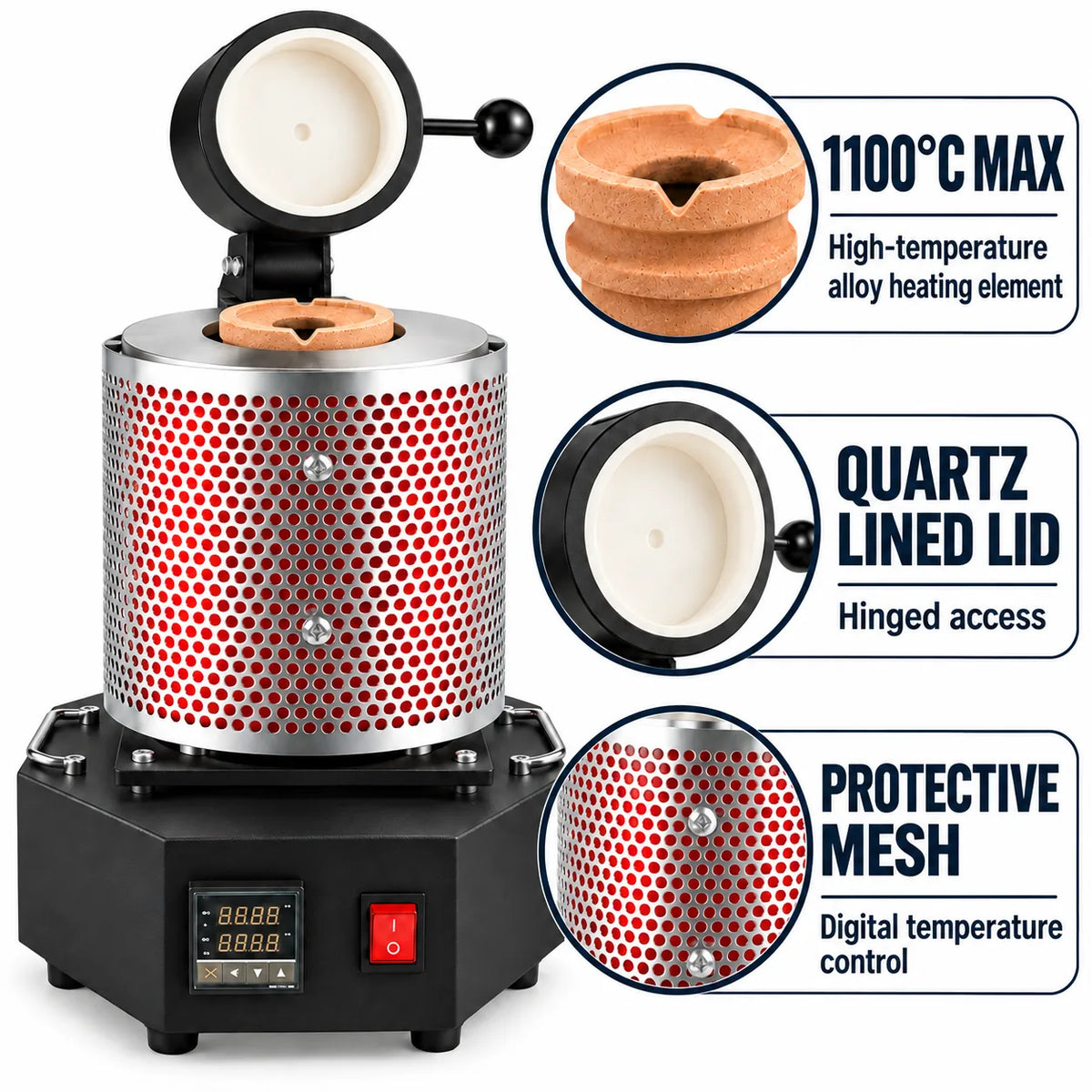 Electric melting furnace key features: 1100°C max heating element, quartz lined hinged lid, protective mesh and digital temperature control