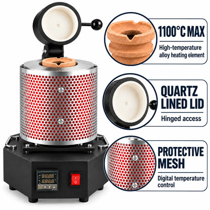 Electric melting furnace key features: 1100°C max heating element, quartz lined hinged lid, protective mesh and digital temperature control