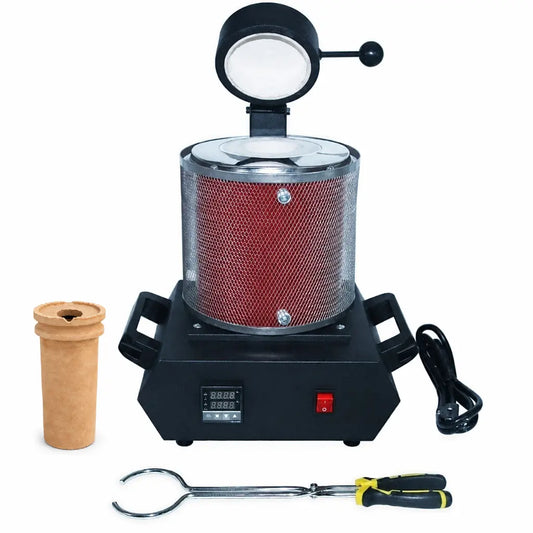 Open electric melting furnace with labels for the protective mesh, handles, digital temperature control and power switch