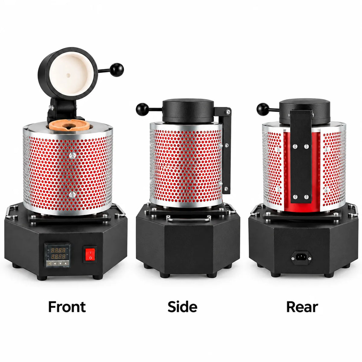 Red electric melting furnace front, side and rear views showing digital temperature controller and power socket