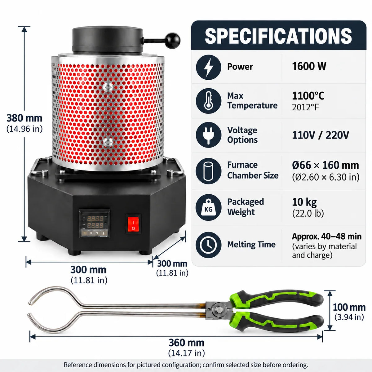Electric melting furnace specifications, 1600W, 1100°C (2012°F) max temperature, 300 x 300 x 380 mm (11.81 x 11.81 x 14.96 in) with crucible tongs