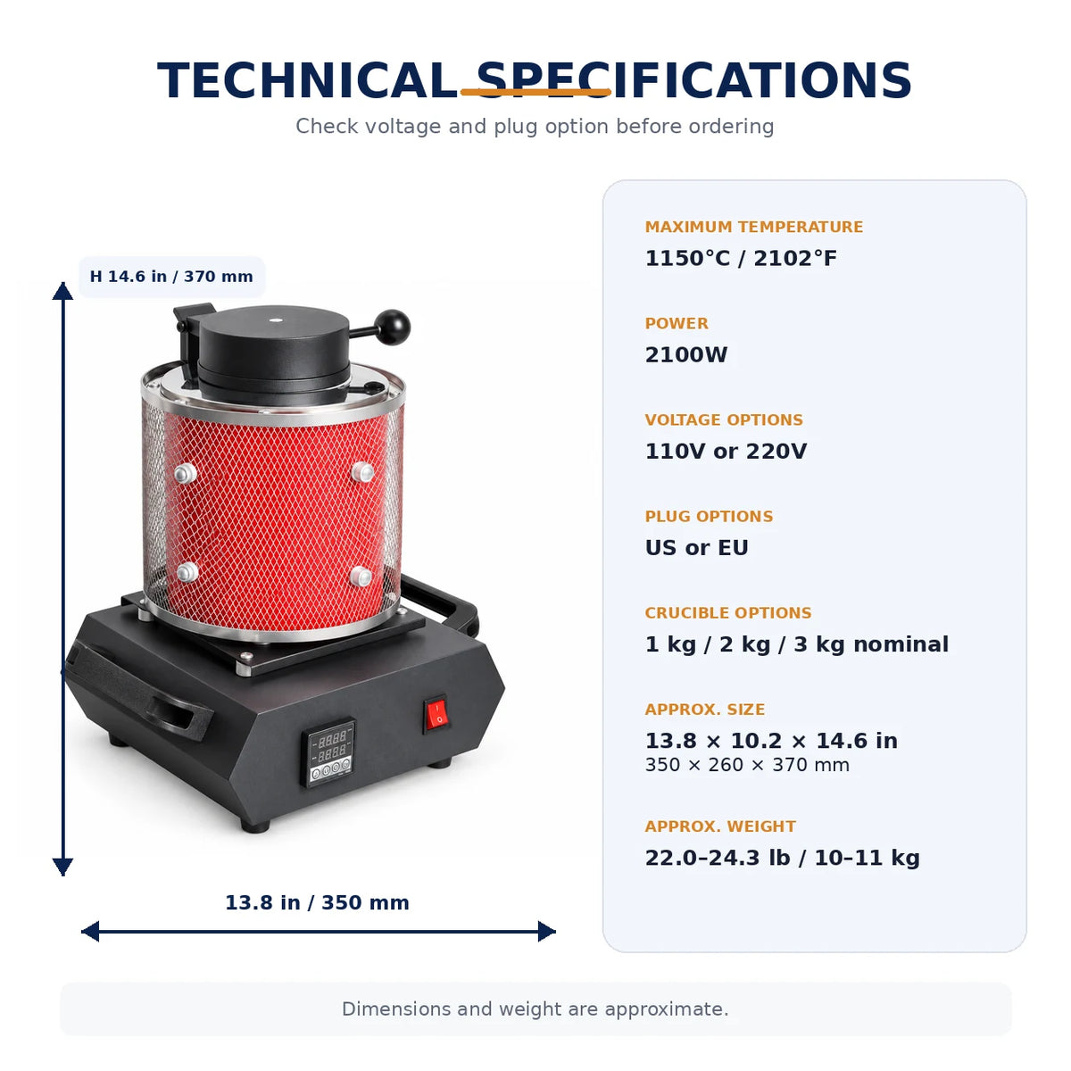 Technical specifications graphic for an electric melting furnace with ceramic crucible