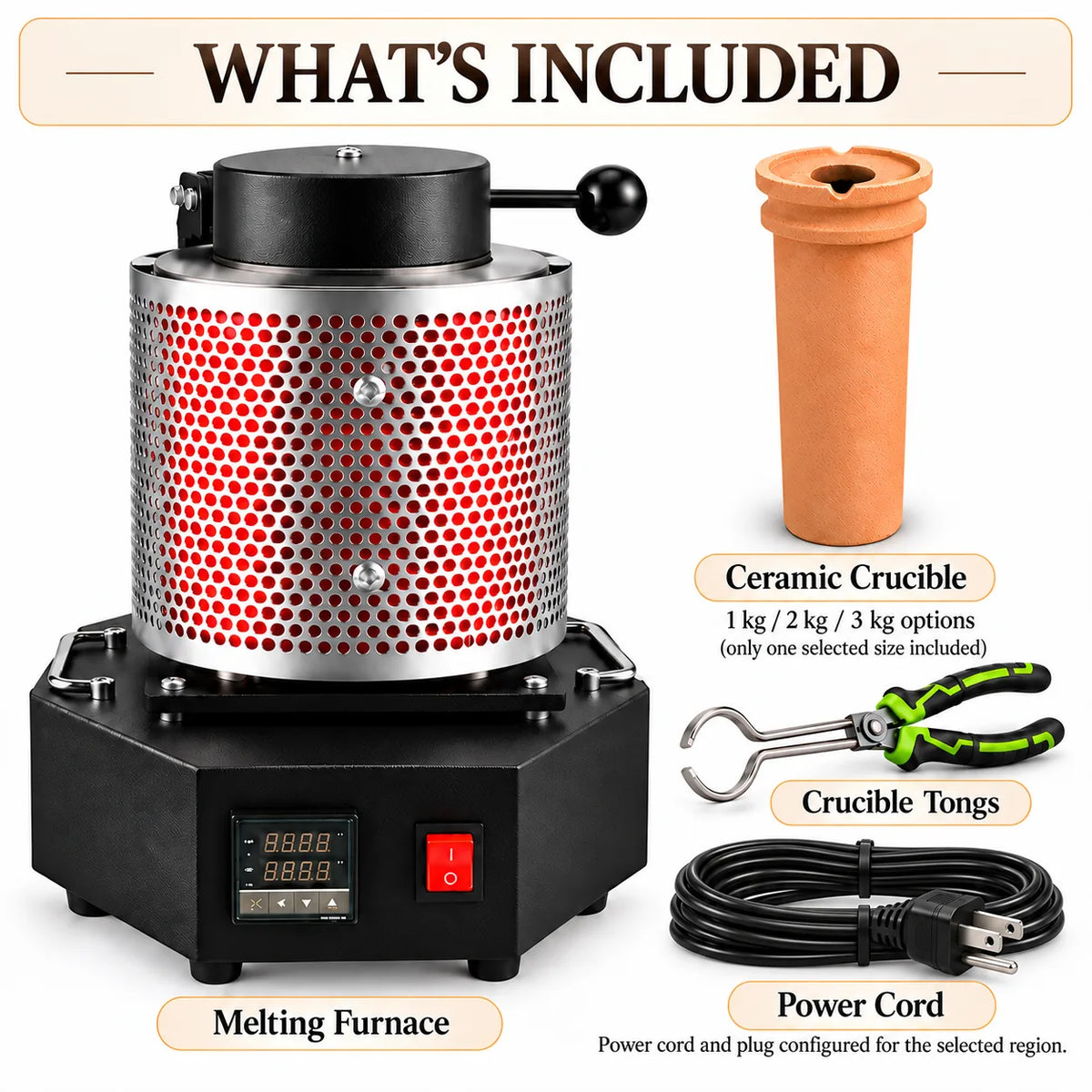 Electric melting furnace kit with ceramic crucible, crucible tongs and power cord included