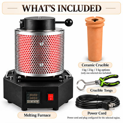 Electric melting furnace kit with ceramic crucible, crucible tongs and power cord included