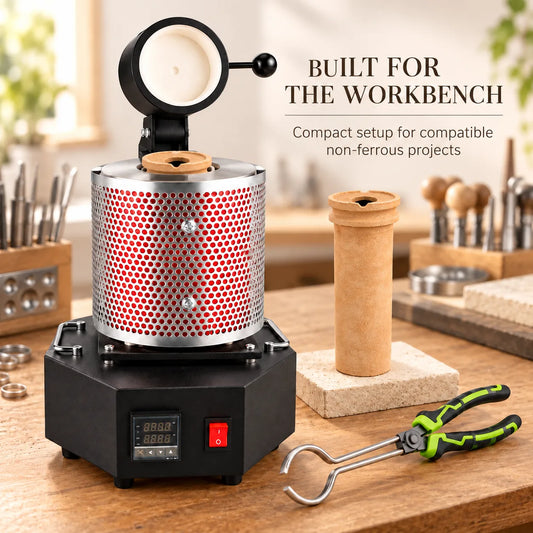 Compact electric melting furnace for jewelry casting on a jeweler's workbench