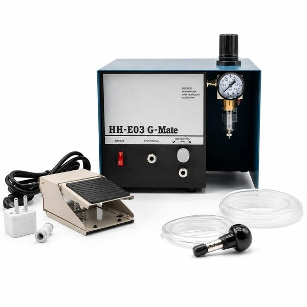 PHYHOO HH-E03 G-Mate pneumatic engraving machine kit with control unit, pneumatic graver handpiece, metal foot pedal, connecting pipe, air hose, and power cord