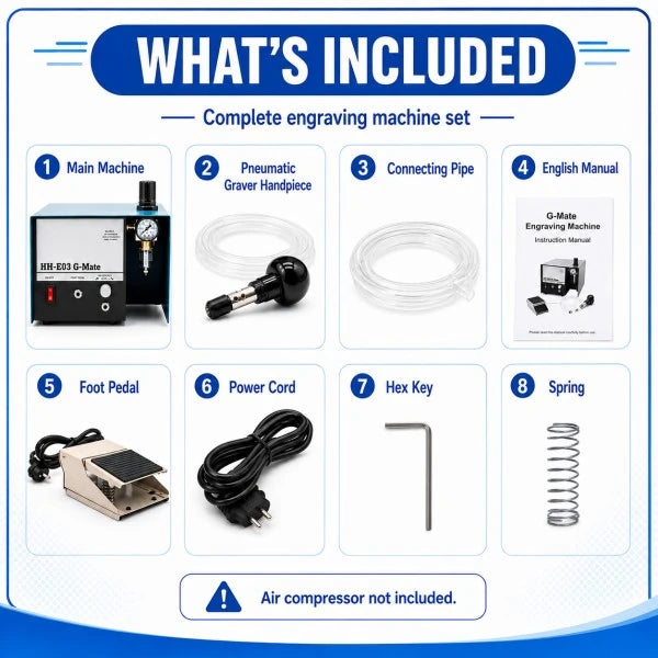 PHYHOO HH-E03 G-Mate complete engraving machine set includes: main machine, pneumatic graver handpiece, connecting pipe, English manual, foot pedal, power cord, hex key, and spring — air compressor not included