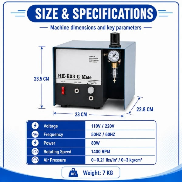 PHYHOO HH-E03 G-Mate pneumatic engraving machine dimensions 23 x 22.8 x 23.5 cm, 80W, 110V/220V, 1400 RPM, 0-3 kg/cm2 air pressure, 7 kg weight
