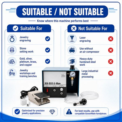 PHYHOO HH-E03 G-Mate suitable for jewelry engraving, stone setting, gold silver brass copper work, and jewelry workshops — not suitable for laser engraving, use without air compressor, or heavy-duty industrial metal processing