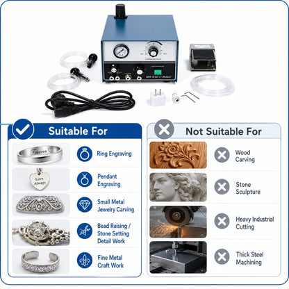 PHYHOO HH-E04 pneumatic jewelry engraving machine suitable for ring engraving, pendant engraving, metal carving, bead raising and stone setting; not for wood carving or heavy industrial cutting