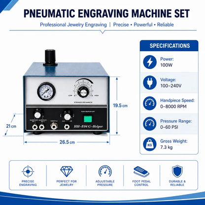 PHYHOO HH-E04 G-Helper pneumatic engraving machine specifications: 100W, 100-240V, 0-8000 RPM, 0-60 PSI, 26.5x21x19.5cm, 7.3kg