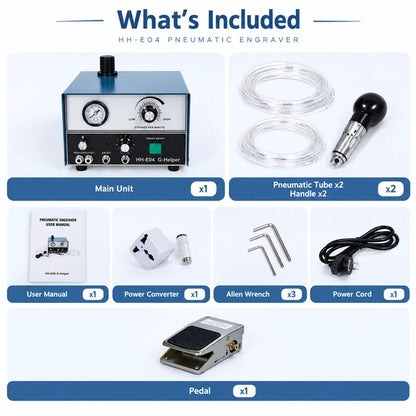 PHYHOO HH-E04 pneumatic engraver package contents: main unit, 2 pneumatic tubes, 2 handles, foot pedal, power converter, 3 allen wrenches, power cord and user manual