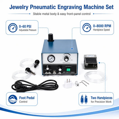 PHYHOO HH-E04 jewelry pneumatic engraving machine set showing 0-60 PSI adjustable pressure, 0-8000 RPM handpiece speed, foot pedal control and dual handpieces