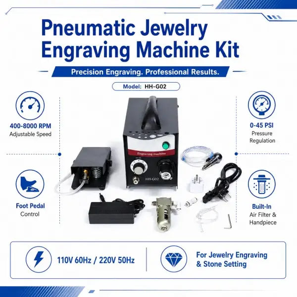 PHYHOO HH-G02 pneumatic jewelry engraving machine features dual handpiece foot pedal pressure regulation