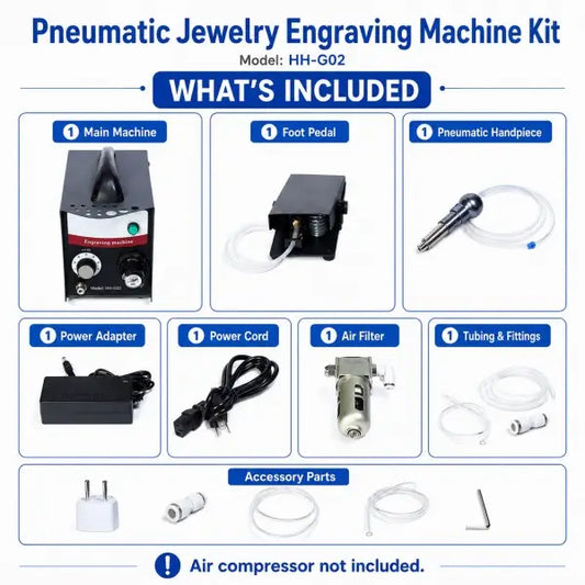 PHYHOO HH-G02 pneumatic engraving machine package contents including handpieces foot pedal and accessories