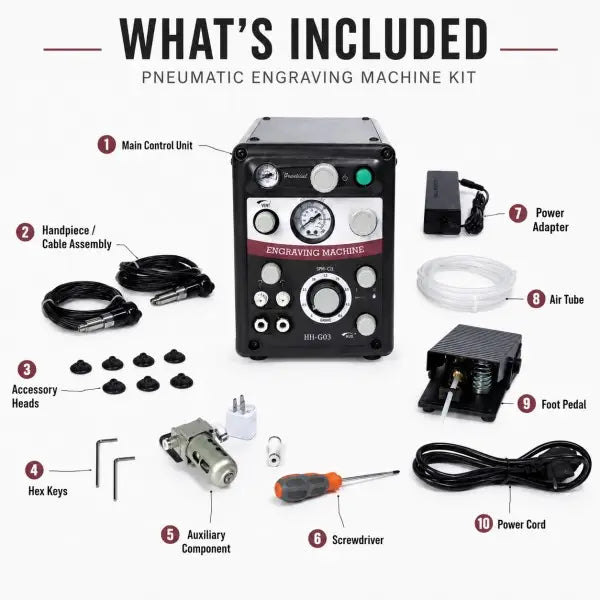 PHYHOO HH-G03 pneumatic engraving machine package contents including handpiece foot pedal and accessories