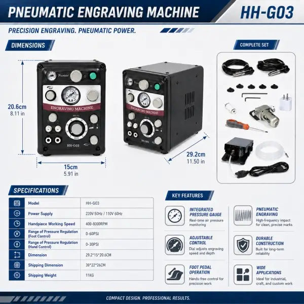 PHYHOO HH-G03 pneumatic engraving machine technical specifications 400-8000 RPM 0-60 PSI foot control