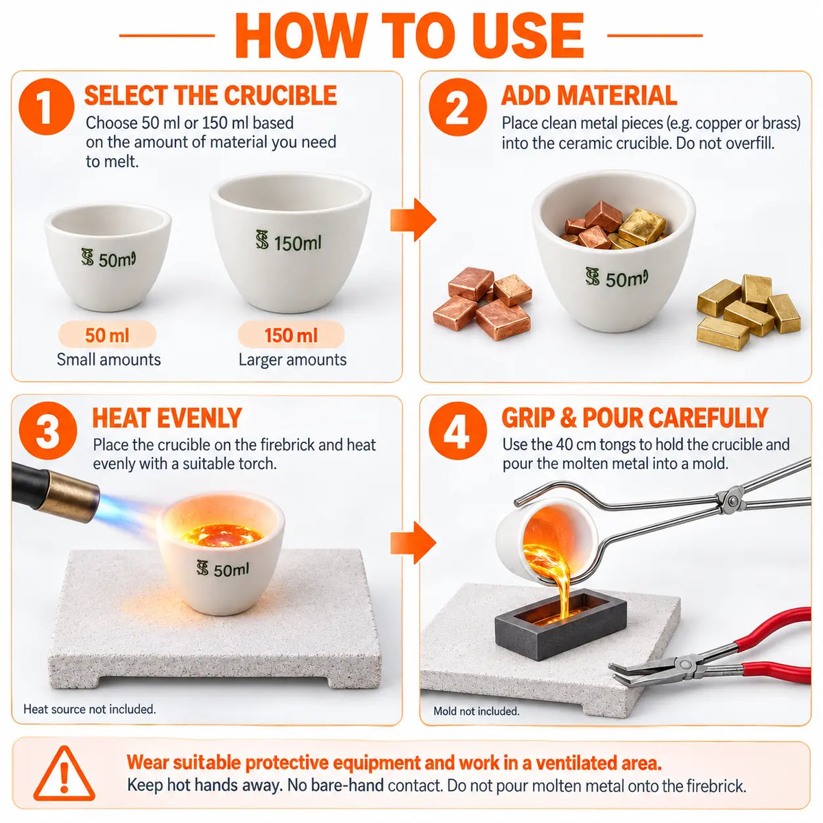 PHYHOO ceramic crucible melting kit how-to-use guide - select crucible, add metal, heat with torch, and pour with tongs