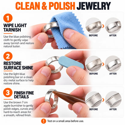 Three-step ring cleaning and polishing process using polishing cloth, blue polishing bar, and agate burnisher