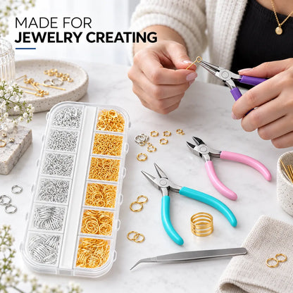 PHYHOO jewelry findings tool kit in use - jeweler using purple round-nose pliers to open a gold jump ring on a marble workbench with findings box, teal pliers, pink diagonal cutter, tweezers and ring opening tool