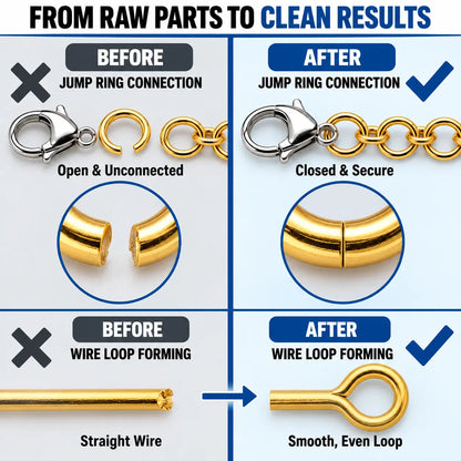 PHYHOO jewelry findings tool kit before and after results - open unconnected jump ring and lobster clasp versus closed secure chain connection, and straight wire versus smooth even loop formed with round-nose pliers