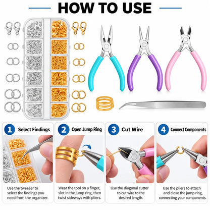 How to use PHYHOO jewelry findings tool kit in 4 steps - select findings with tweezers, open jump ring with ring tool and pliers, cut wire with diagonal cutter, and connect components with pliers
