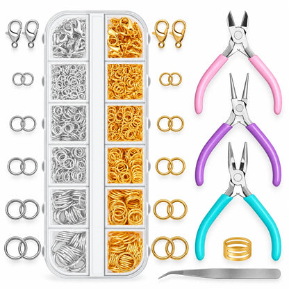 PHYHOO jewelry findings tool kit showing 12-compartment organizer box with gold and silver jump rings and lobster clasps, three jewelry pliers in pink purple and teal, bent-tip tweezers and ring opening tool