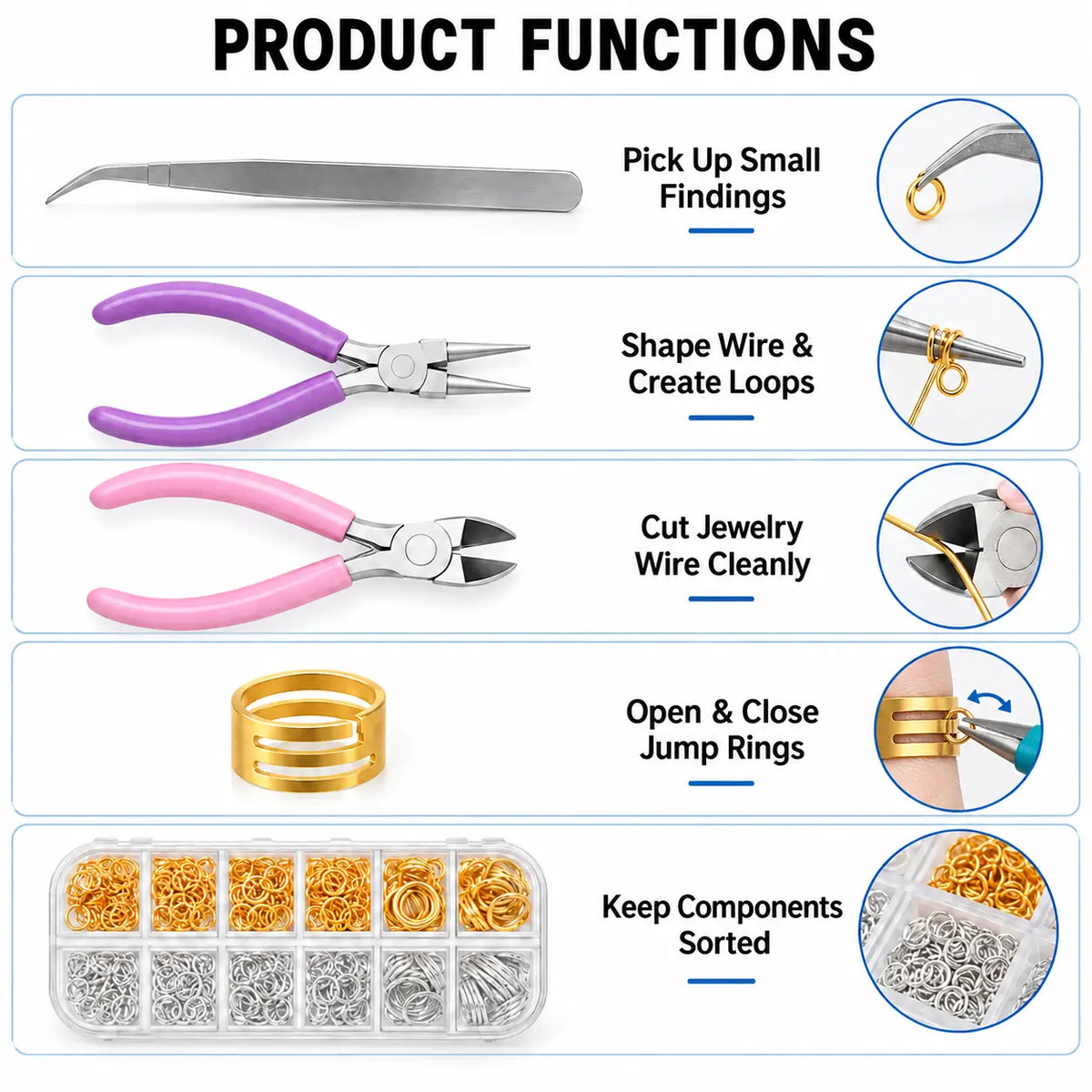 PHYHOO jewelry findings tool kit product functions - pick up small findings with tweezers, shape wire and create loops with round-nose pliers, cut jewelry wire cleanly with diagonal cutter, open and close jump rings with ring tool, and keep components sorted in 12-compartment box