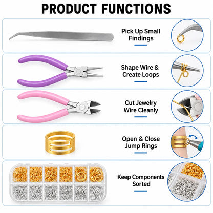 PHYHOO jewelry findings tool kit product functions - pick up small findings with tweezers, shape wire and create loops with round-nose pliers, cut jewelry wire cleanly with diagonal cutter, open and close jump rings with ring tool, and keep components sorted in 12-compartment box