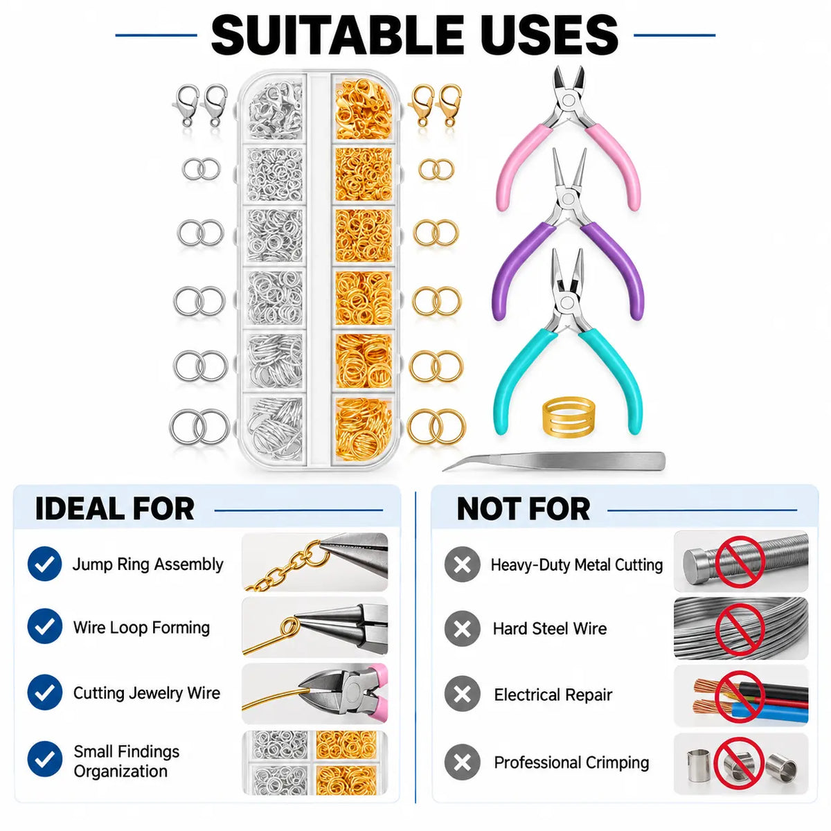 PHYHOO jewelry findings tool kit suitable uses - ideal for jump ring assembly, wire loop forming, cutting jewelry wire and small findings organization; not for heavy-duty metal cutting, hard steel wire, electrical repair or professional crimping
