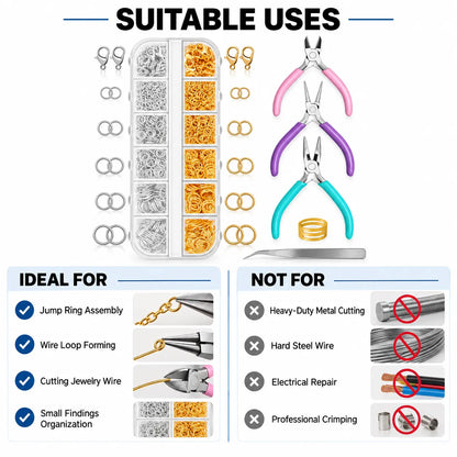 PHYHOO jewelry findings tool kit suitable uses - ideal for jump ring assembly, wire loop forming, cutting jewelry wire and small findings organization; not for heavy-duty metal cutting, hard steel wire, electrical repair or professional crimping