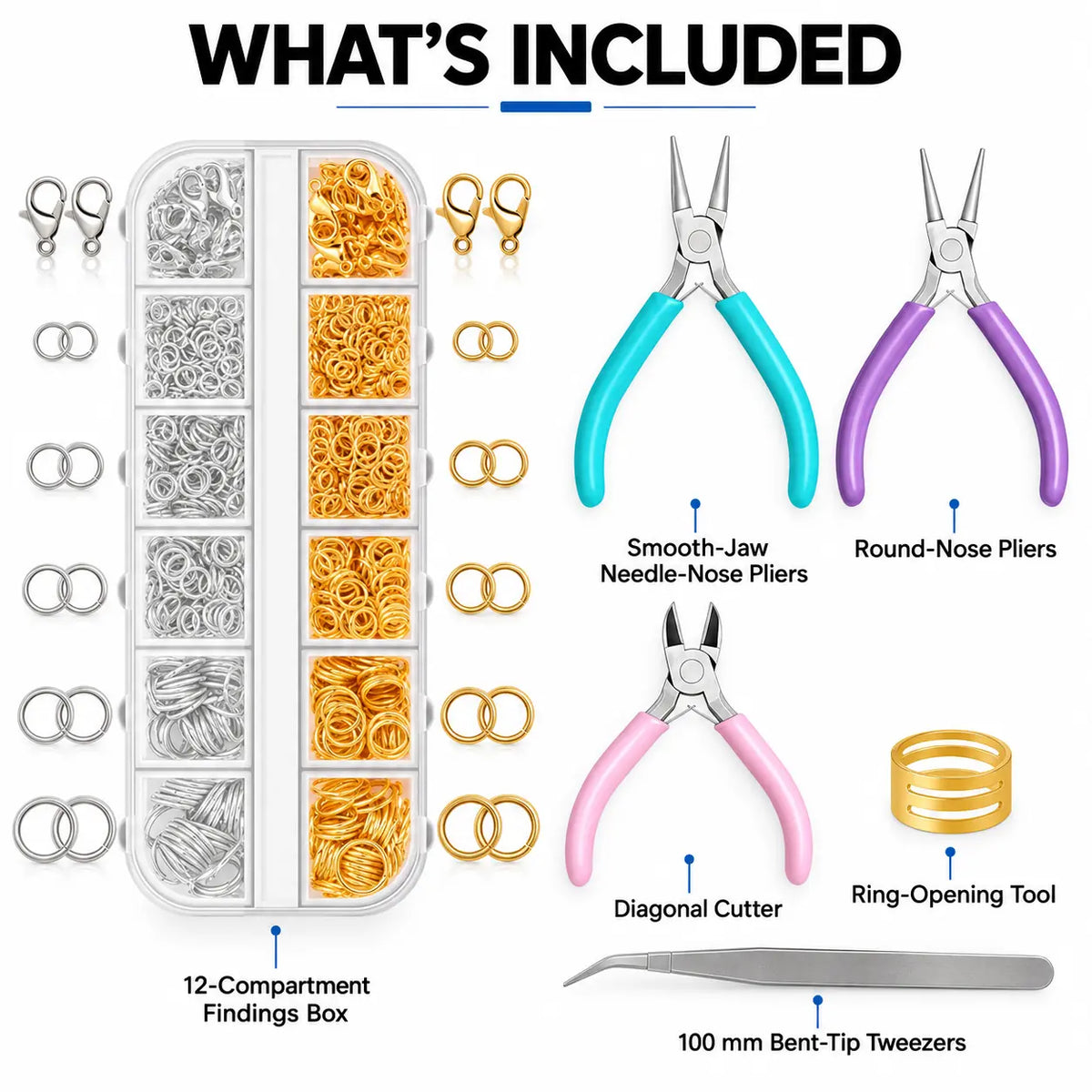 What is included in PHYHOO jewelry findings tool kit - 12-compartment findings box with gold and silver jump rings and lobster clasps, smooth-jaw needle-nose pliers teal, round-nose pliers purple, diagonal cutter pink, ring opening tool gold, and 100 mm bent-tip tweezers
