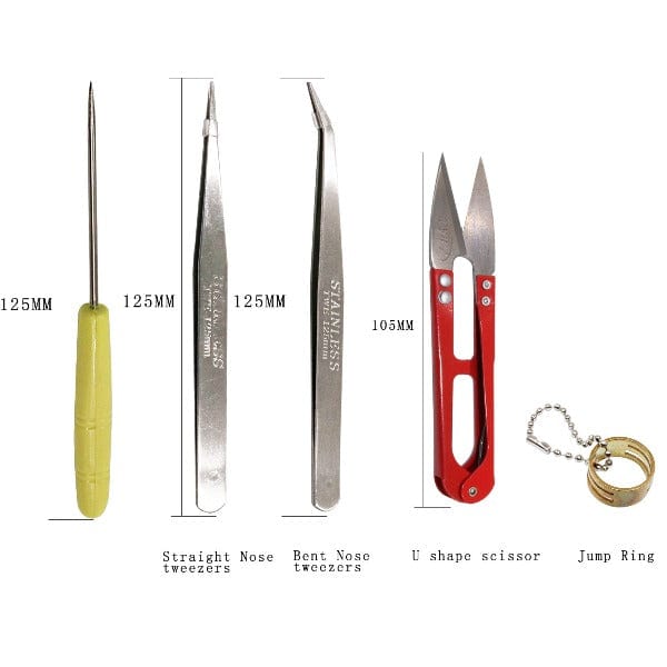 Jewelry tool dimensions showing 125mm straight and bent tweezers, 125mm awl, 105mm U-shape thread scissor, and jump ring opener