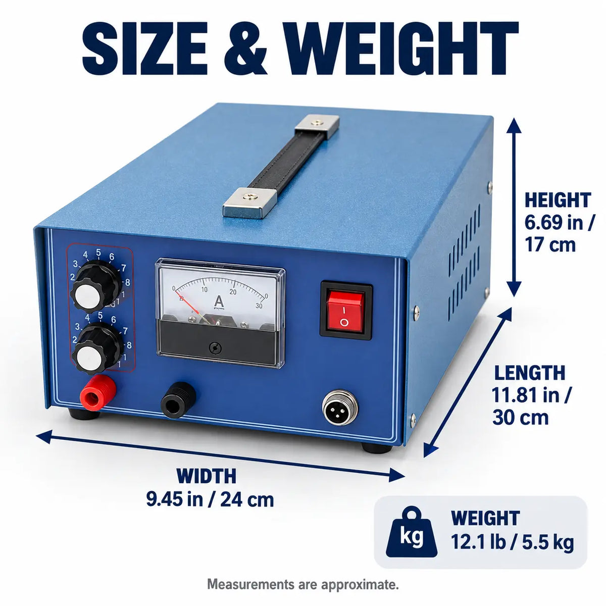 Jewelry spot welder size and weight showing height, length, width and unit weight