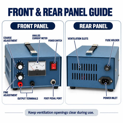 Jewelry spot welder front and rear panel guide showing adjustment dials, current meter, power switch and ventilation
