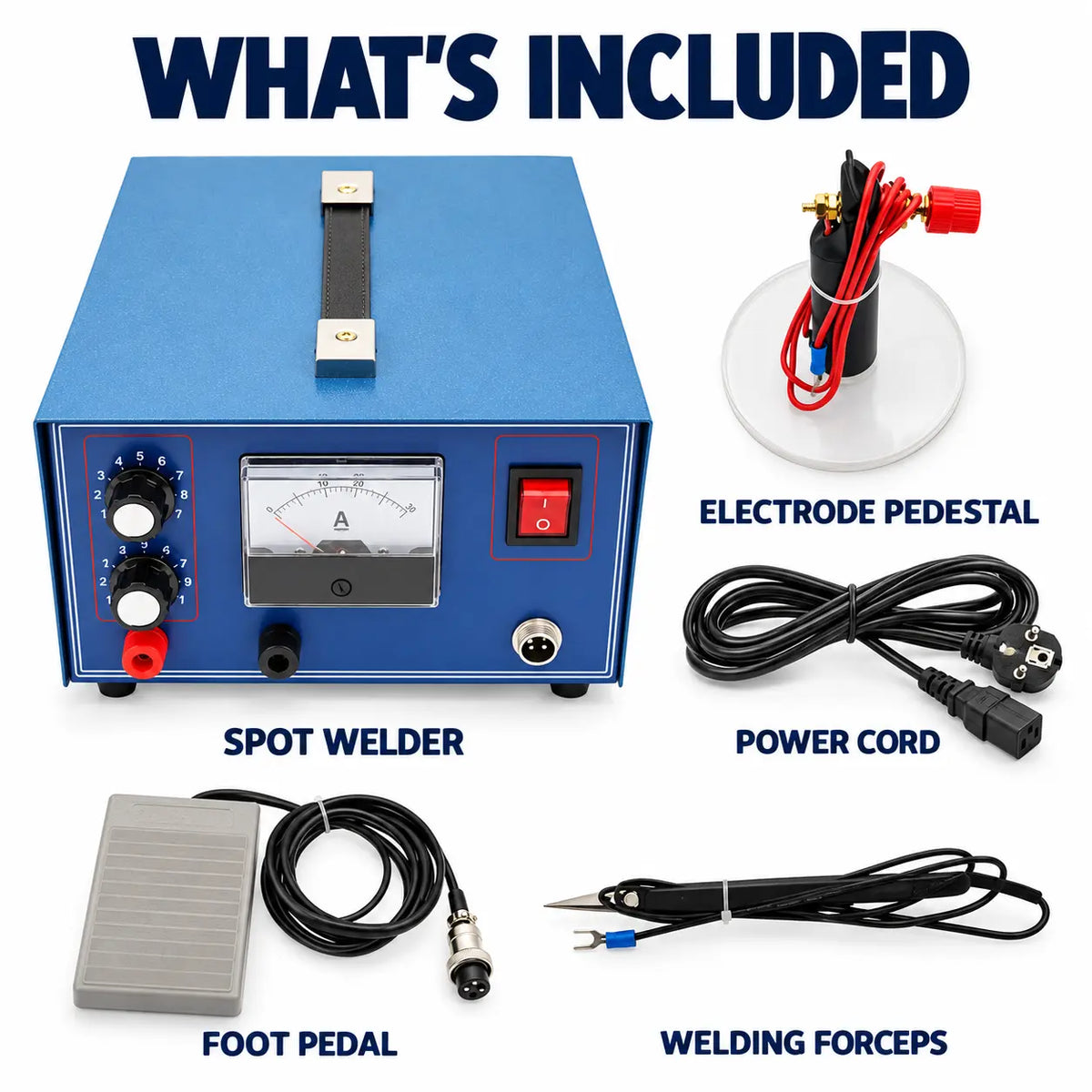 What's included with the jewelry spot welder, electrode pedestal, power cord, foot pedal and welding forceps