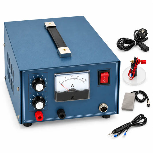 Jewelry spot welder with adjustable current dial, analog meter and foot pedal control