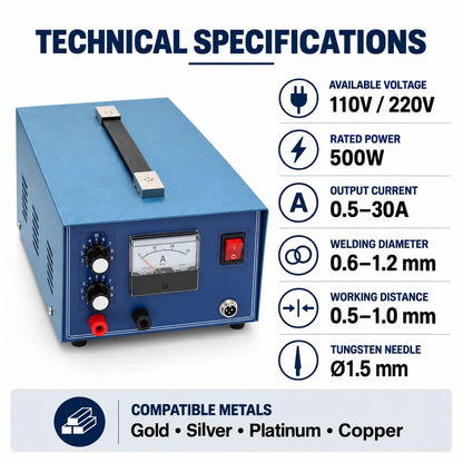 Jewelry spot welder technical specifications showing voltage, output current, welding diameter and tungsten needle size