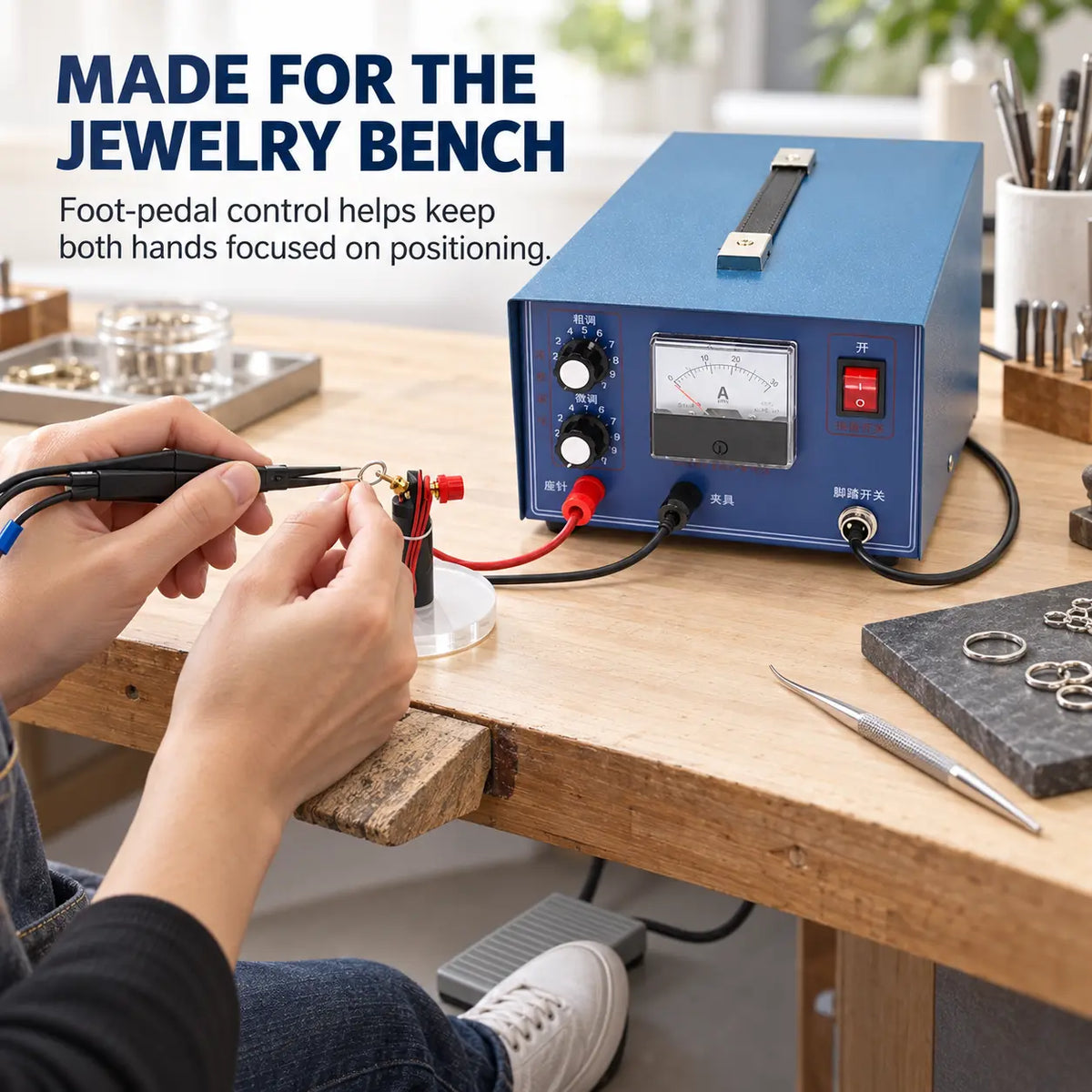 Jewelry spot welder in use on a workbench with foot pedal control for hands-free operation