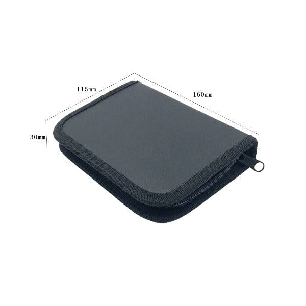 Portable black zippered jewelry tool storage case dimensions measuring 160mm length, 115mm width, and 30mm height