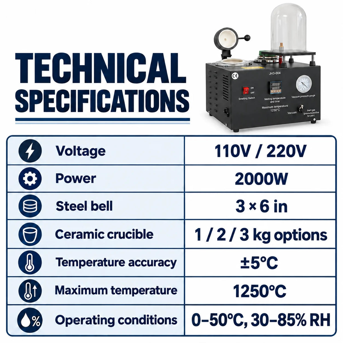 JH3-004 casting machine specifications showing 2000 W power, 1250°C maximum temperature and ceramic crucible options