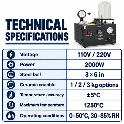 JH3-004 casting machine specifications showing 2000 W power, 1250°C maximum temperature and ceramic crucible options