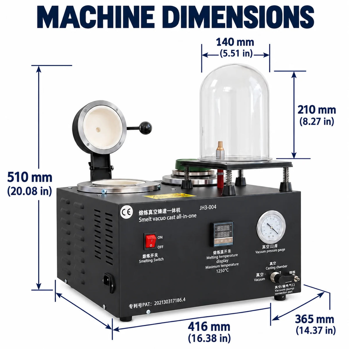 JH3-004 jewelry casting machine dimensions: 416 × 365 × 510 mm
